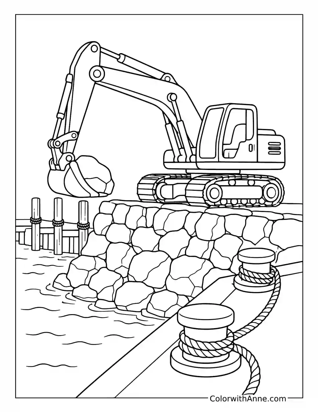 Harbor Excavator on a Rocky Seawall coloring page
