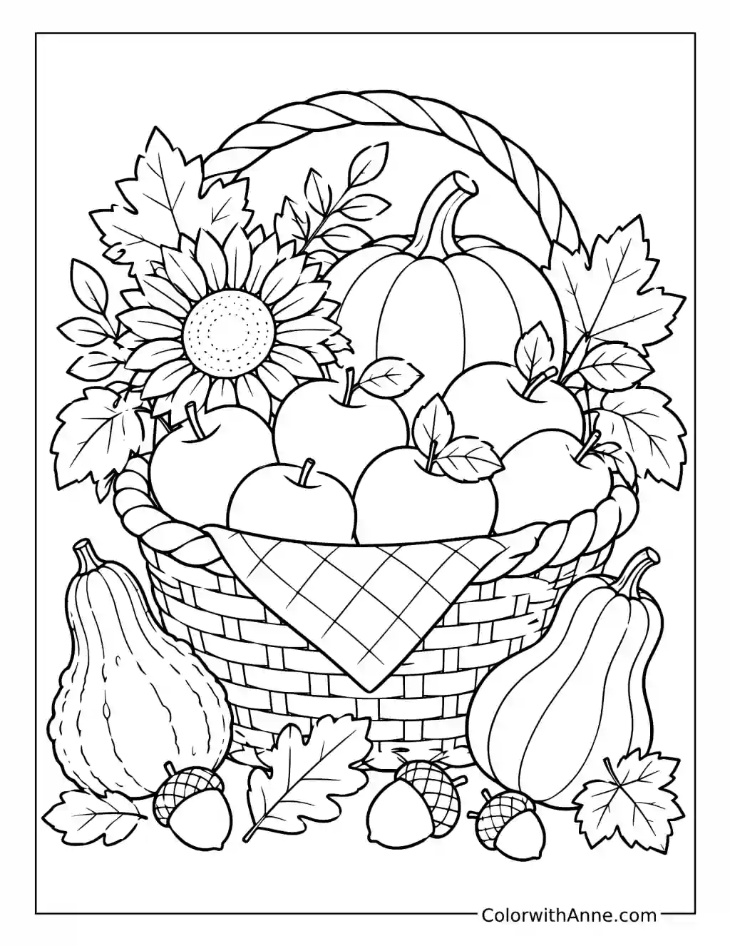 Harvest Basket with Fruits and a Braided Wreath coloring page