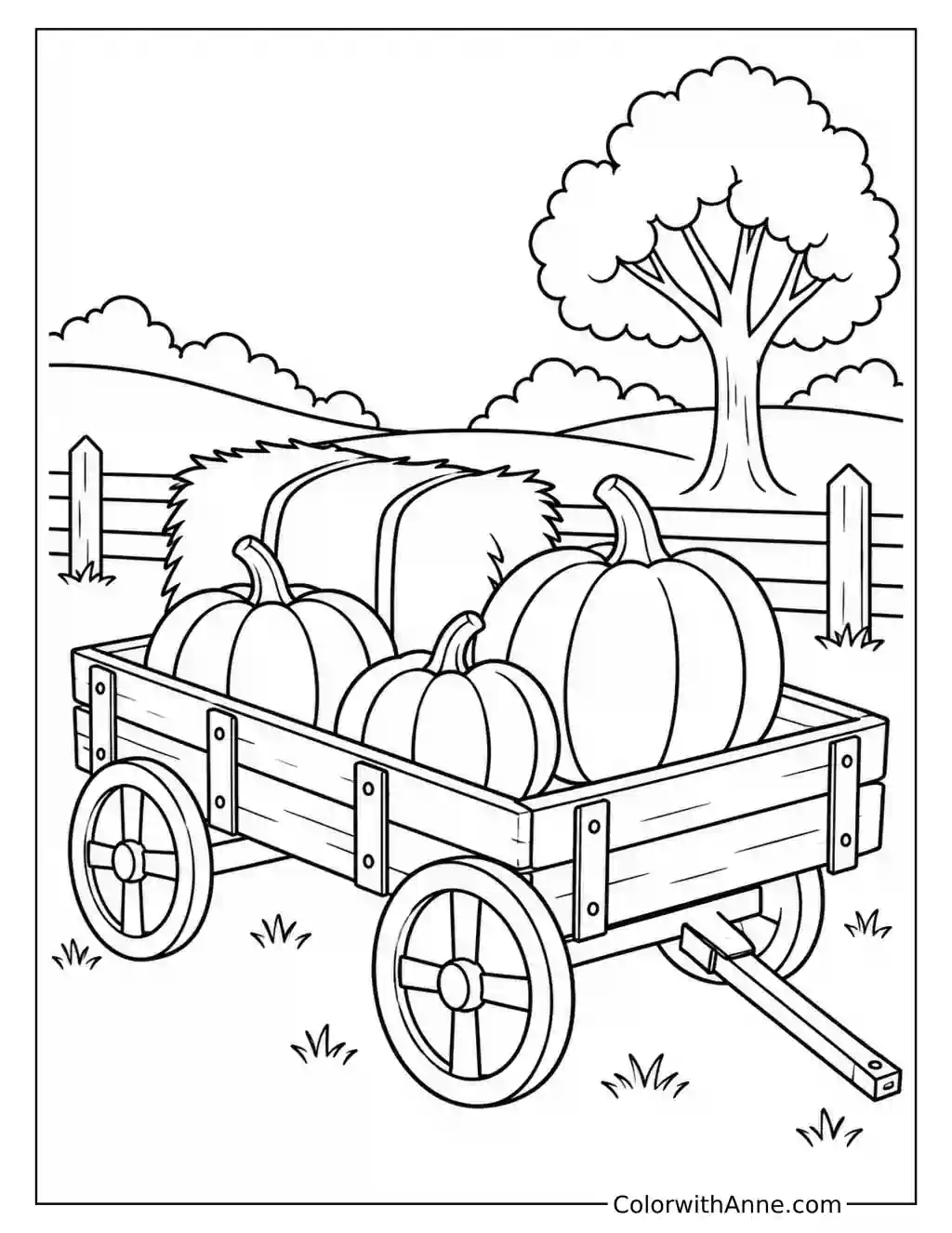 Harvest Wagon with Pumpkins and Hay coloring page
