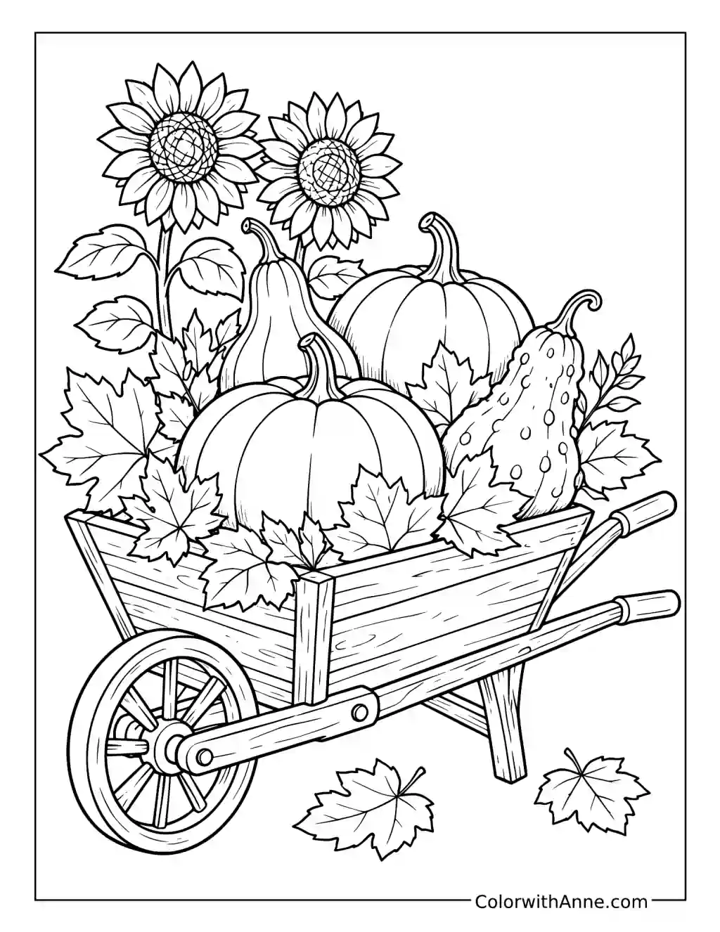 Harvest Wheelbarrow with Pumpkins and Sunflowers coloring page