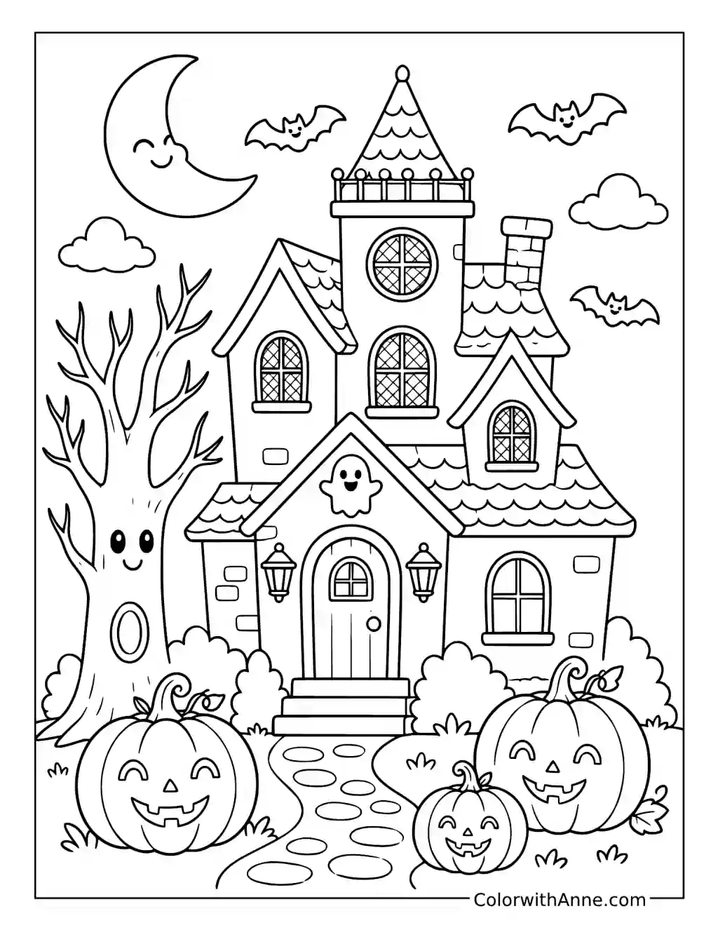 Haunted Castle with Bats and Pumpkins coloring page