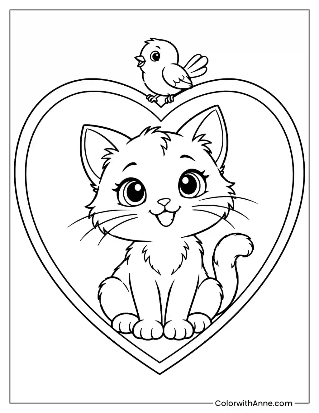 Heart and Cat Coloring Page