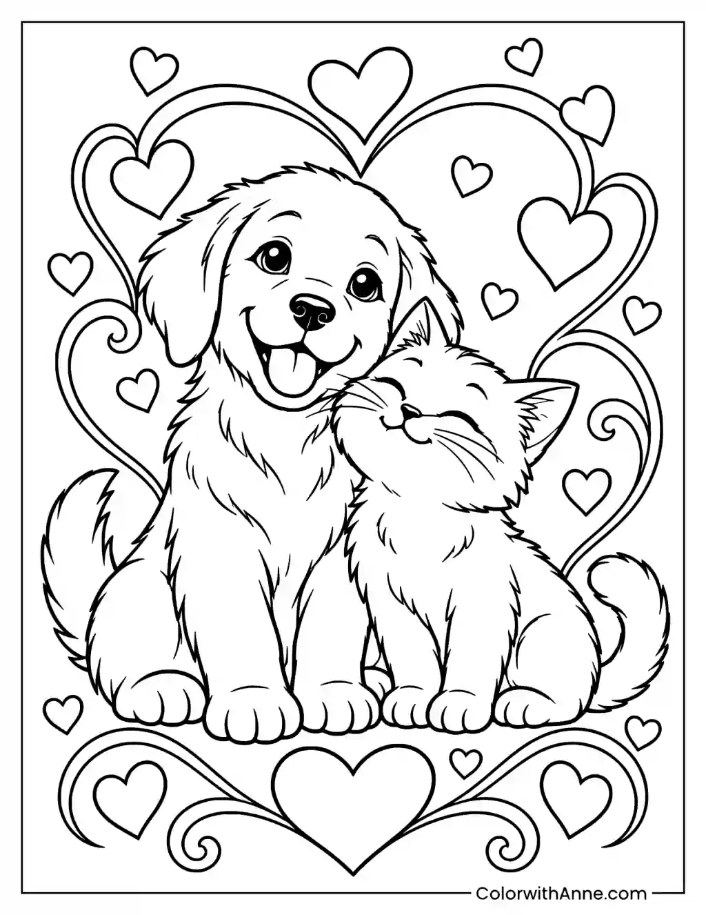 Heart and Pet Animals Coloring Page