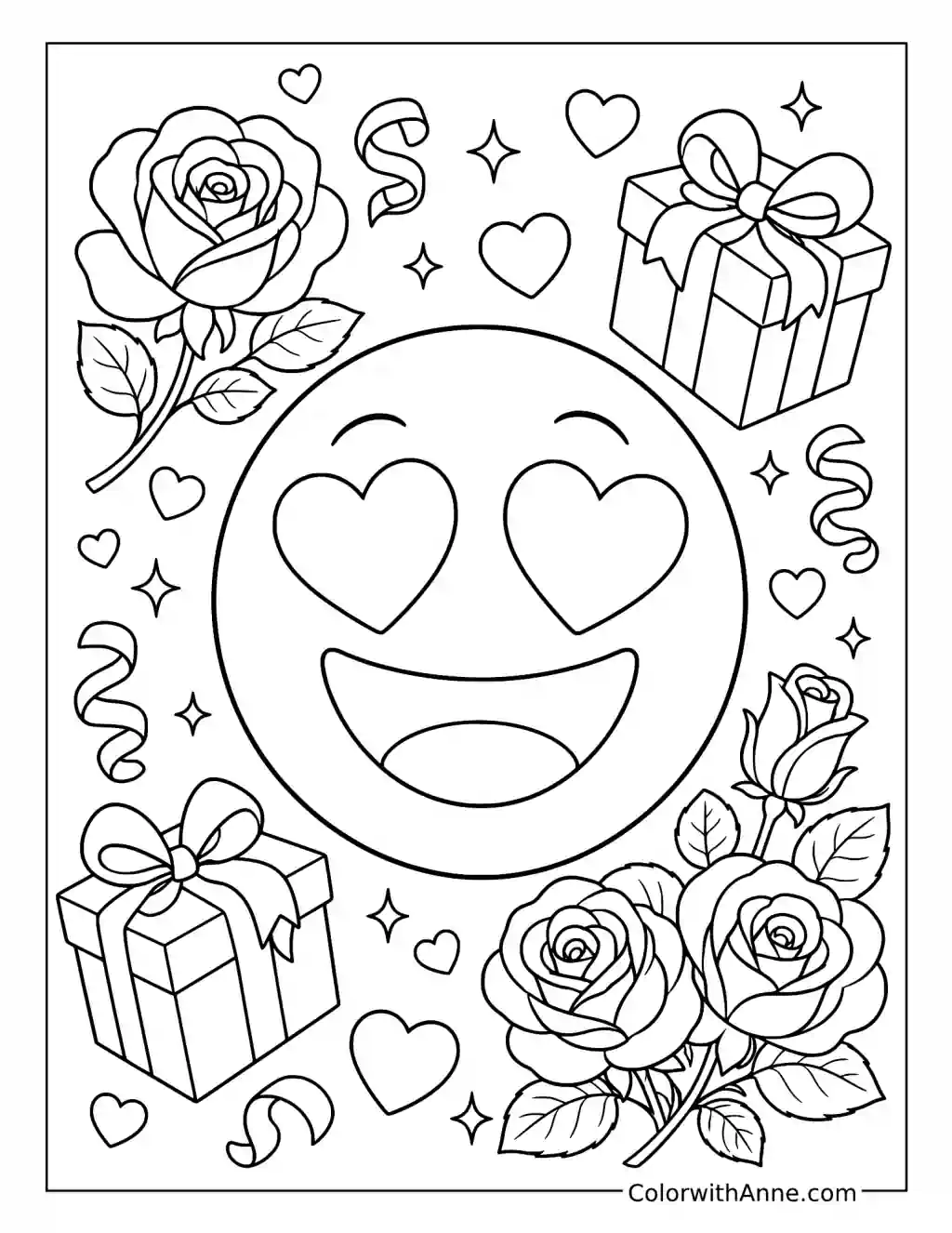 Heart-Eyes Emoji with Roses and Gifts coloring page