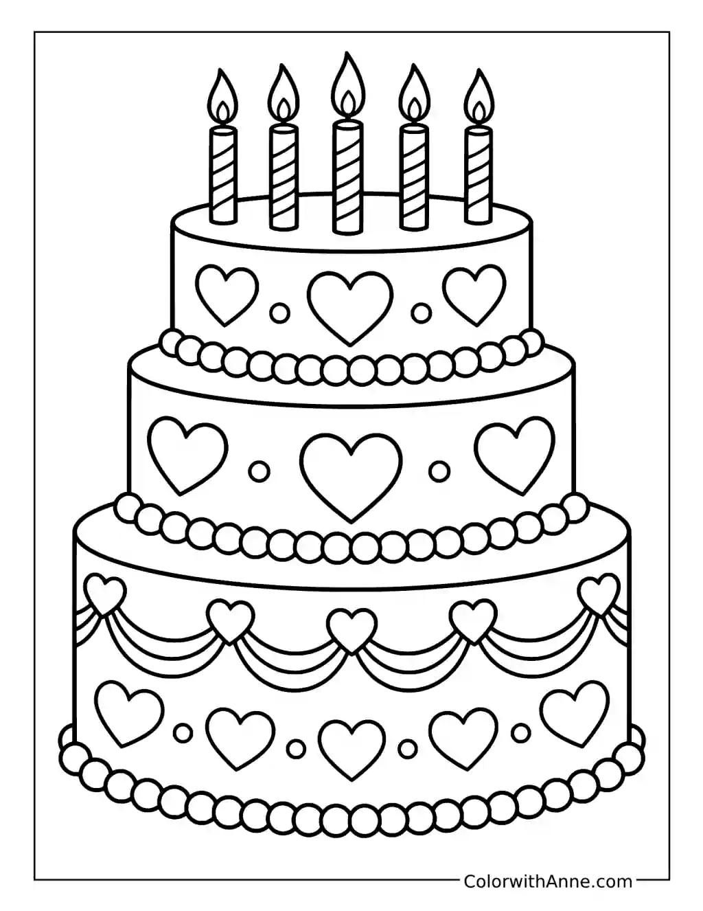 Heart Garland Three-Tier Birthday Cake coloring page