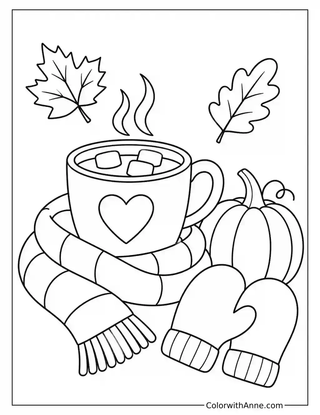 Heart Mug with Marshmallows and Autumn Accessories coloring page