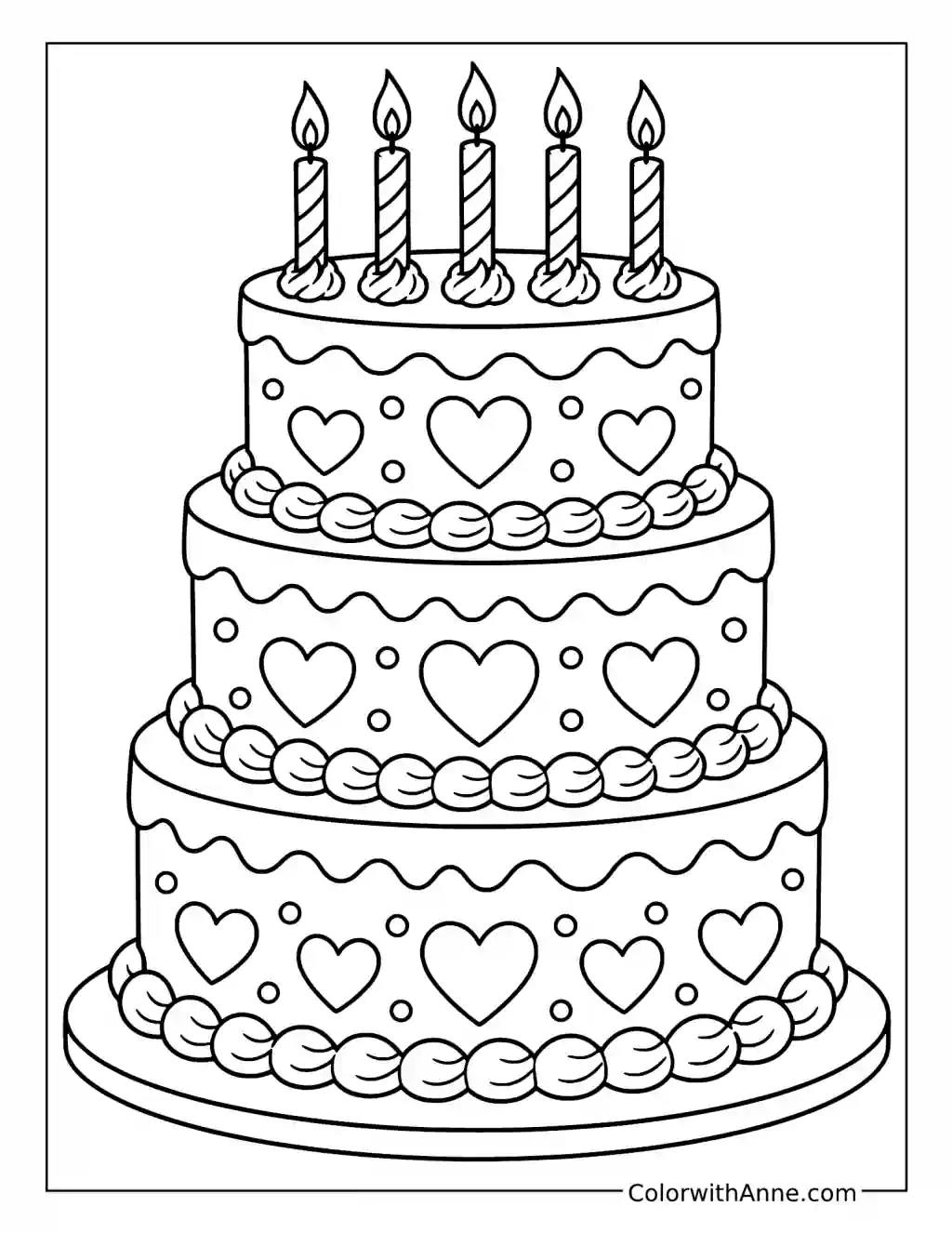Heart Pattern Three-Tier Birthday Cake coloring page