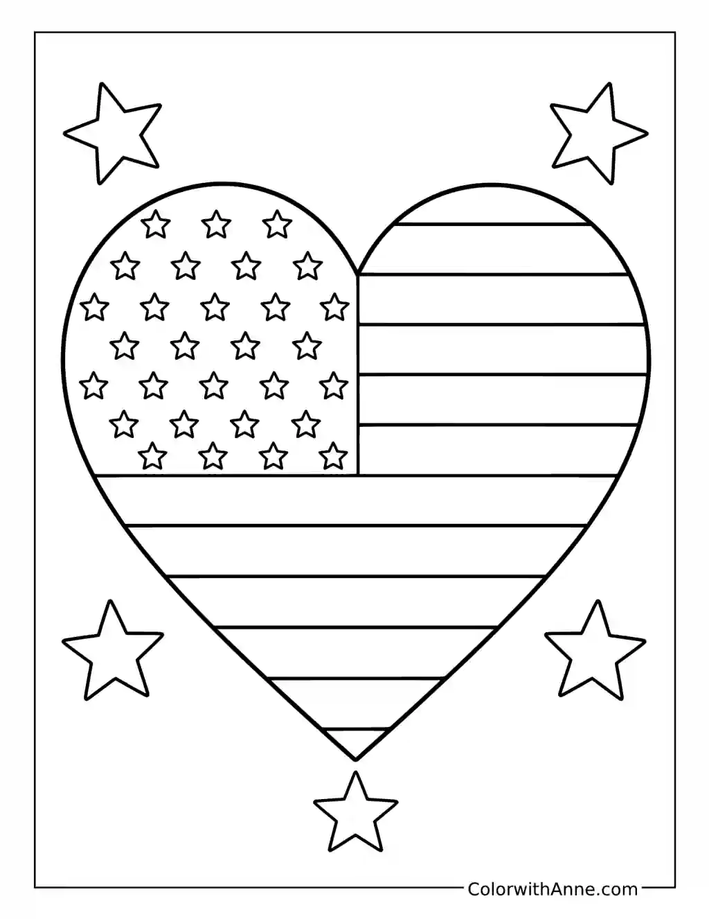 Heart-Shaped American Flag with Stars coloring page