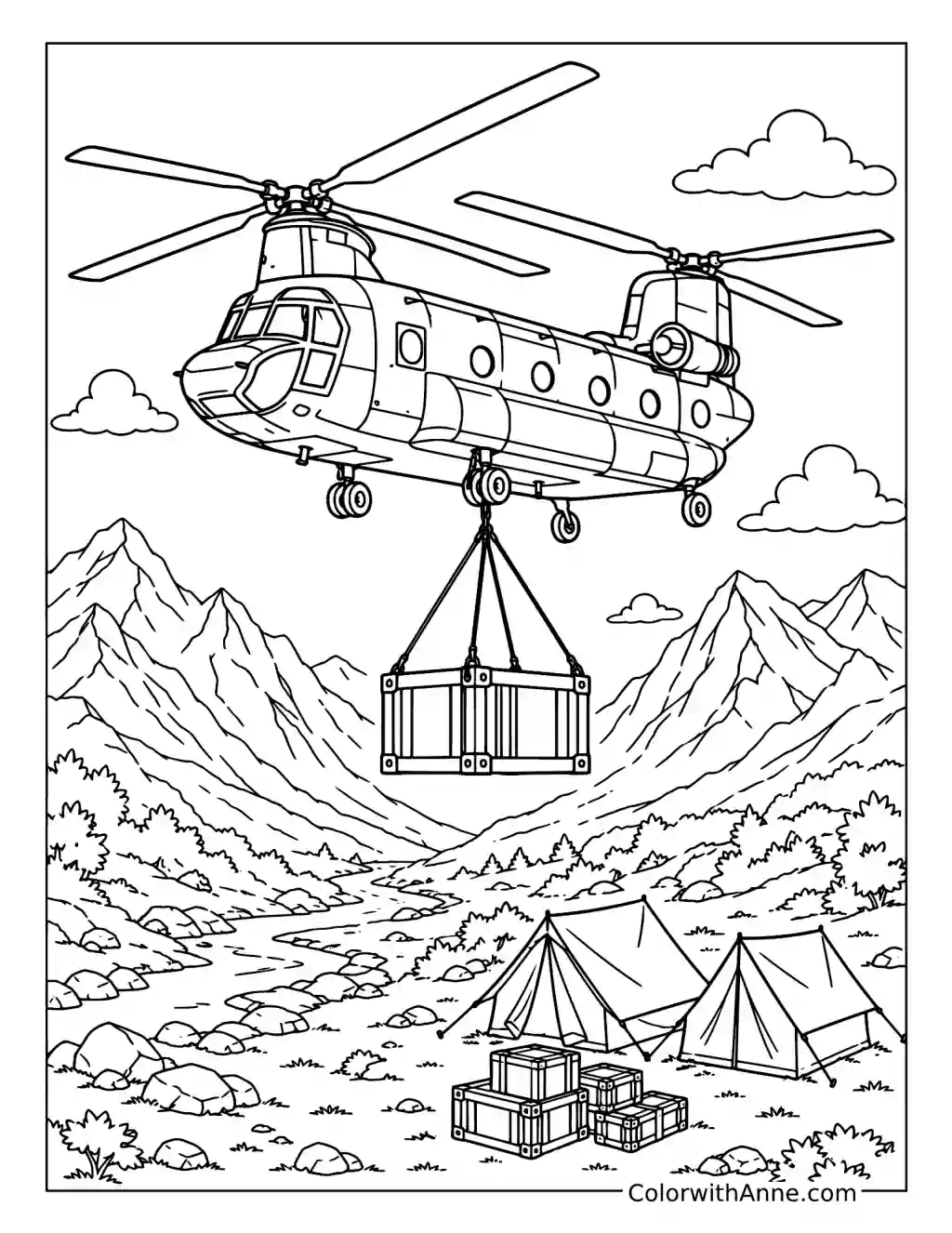 Heavy-Lift Helicopter Carrying Supplies coloring page