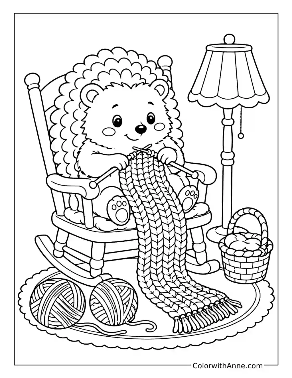 Hedgehog Knitting a Scarf coloring page