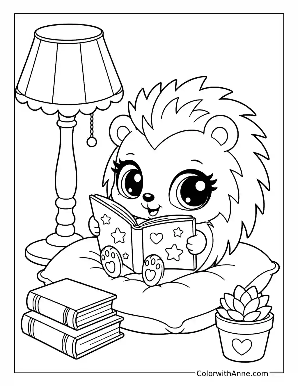 Hedgehog Reading in a Cozy Nook coloring page