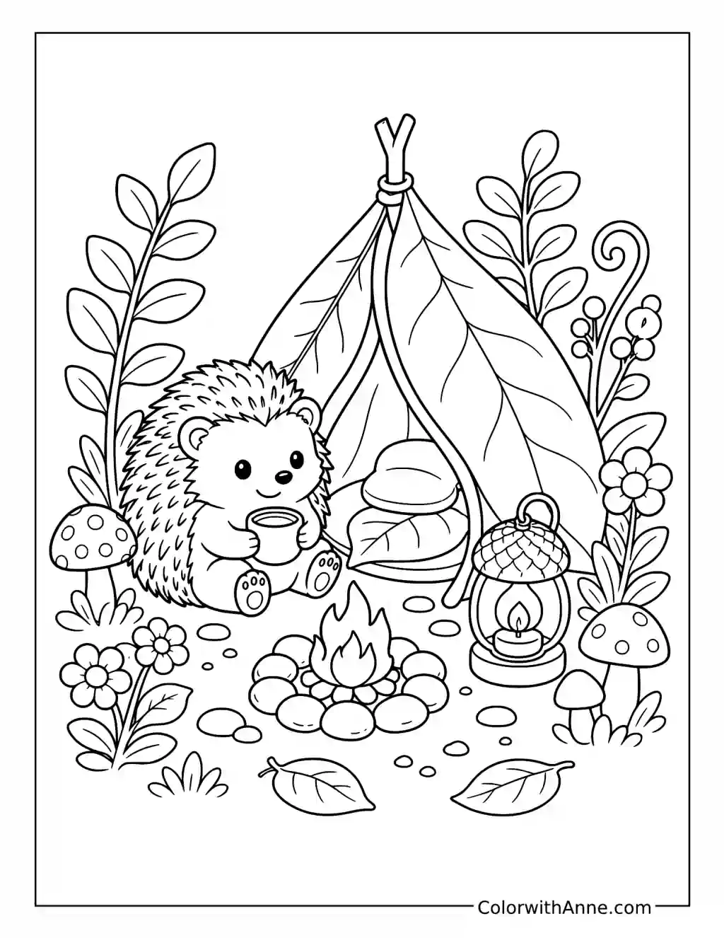Hedgehog's Tiny Woodland Camp coloring page