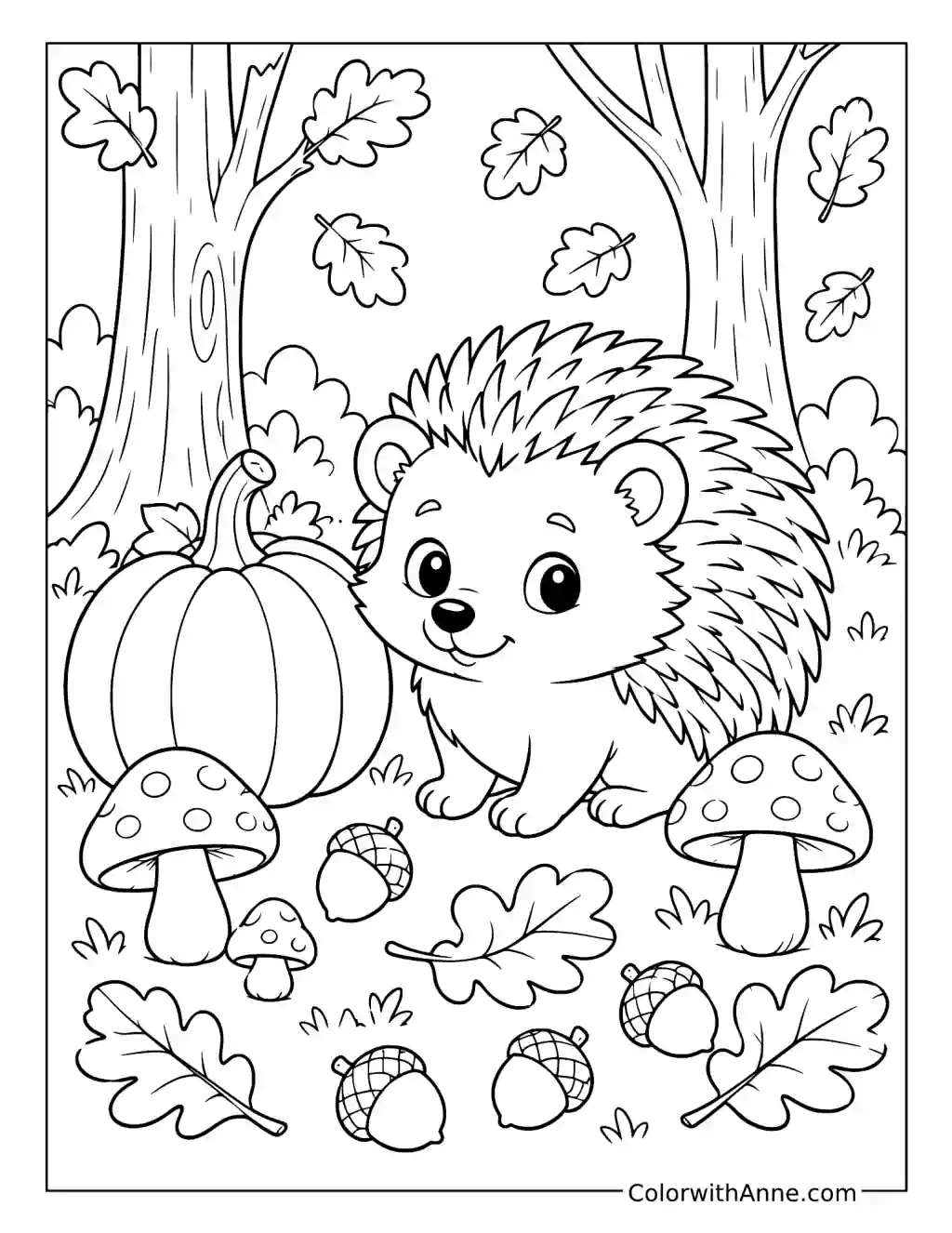 Hedgehog with Autumn Pumpkins and Mushrooms coloring page