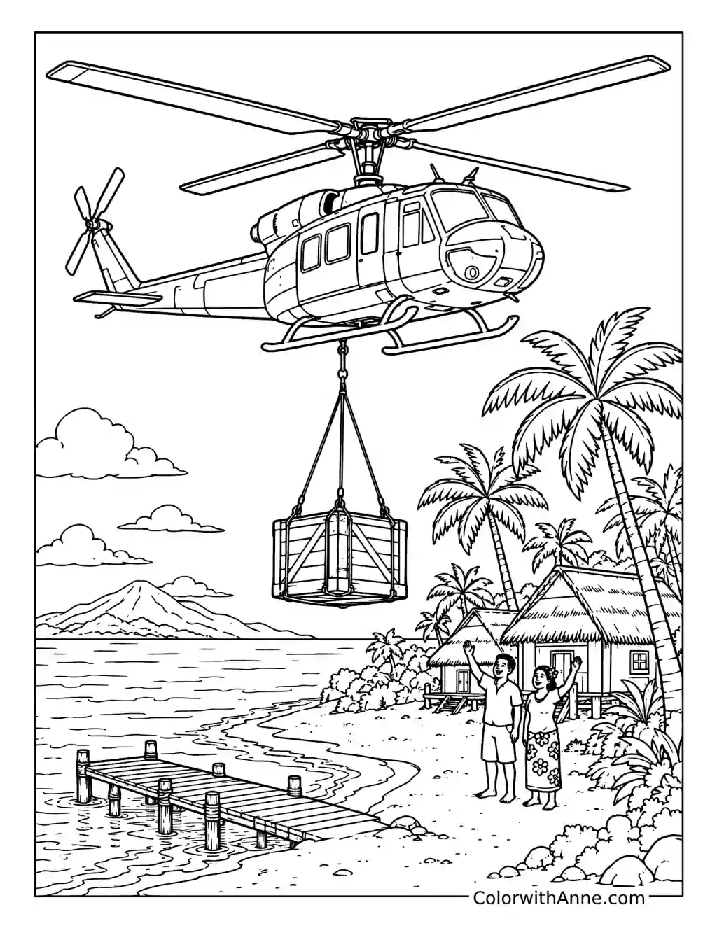 Helicopter Delivering Supplies to an Island coloring page