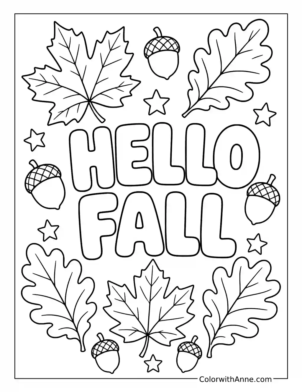Hello Fall Lettering with Leaves and Acorns coloring page