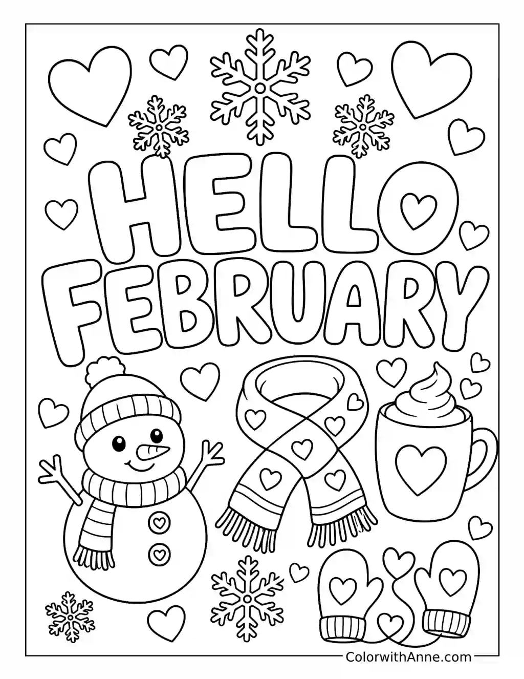 Hello February with a Snowman and Winter Accessories coloring page