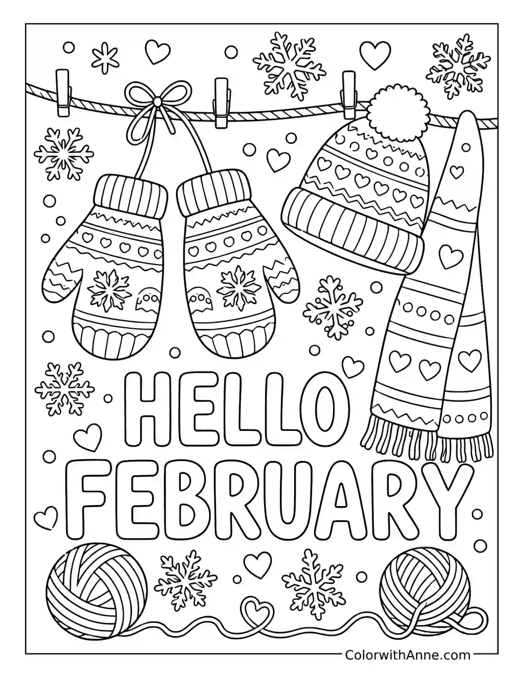 Hello February with Winter Clothes on a Line coloring page