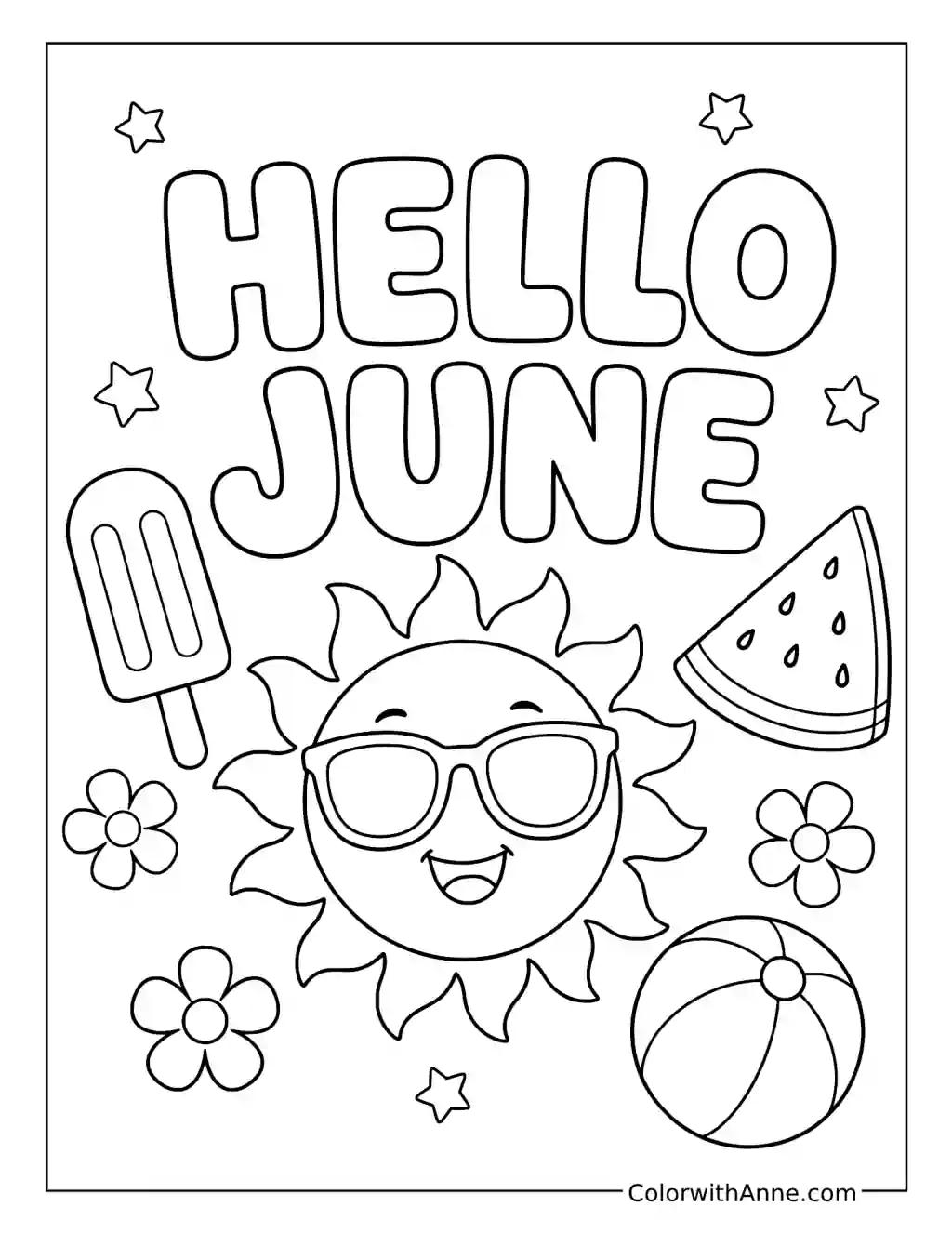 Hello June Summer Fun coloring page
