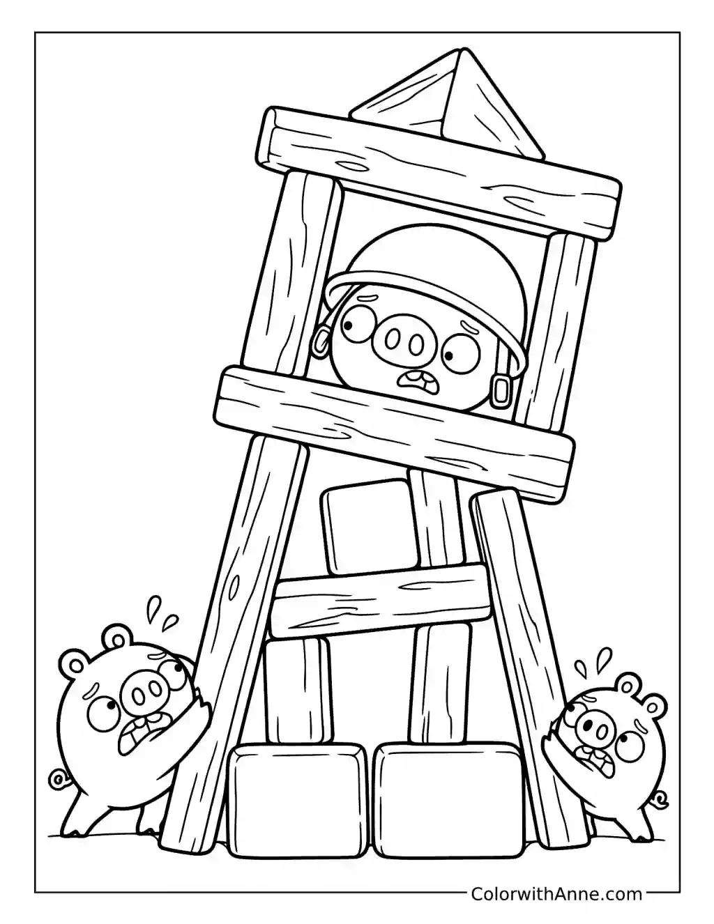 Helmet Pig sits inside a leaning wooden fortress while two pigs react beside its stone base.
