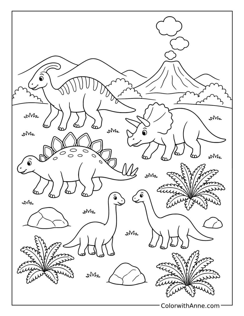 Herbivores near a Volcano coloring page