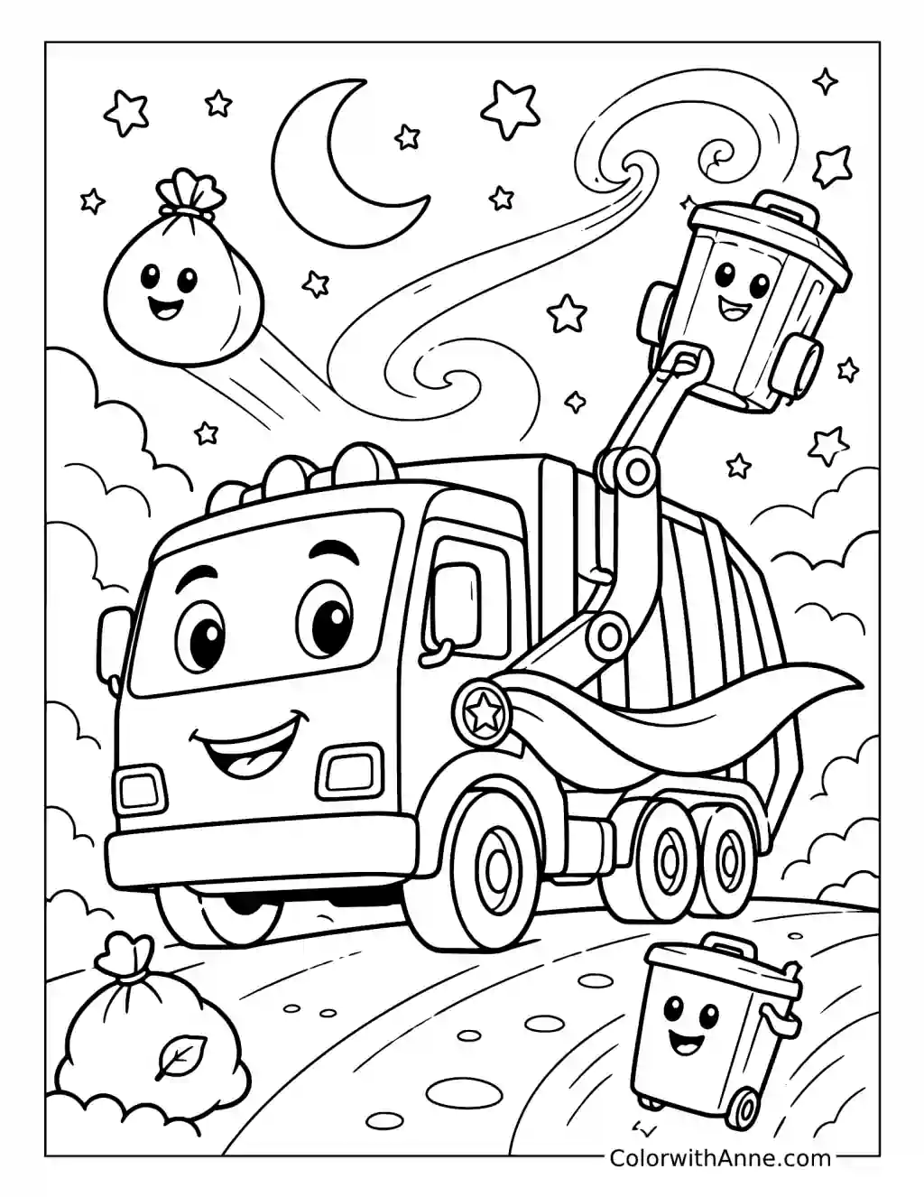 Heroic Garbage Truck in a Fantasy Sky coloring page