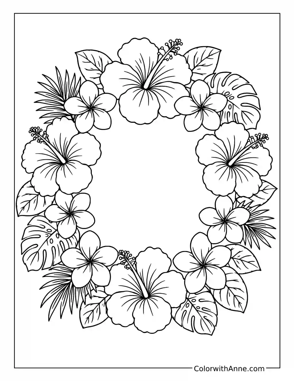 Hibiscus and Plumeria Lei Wreath coloring page