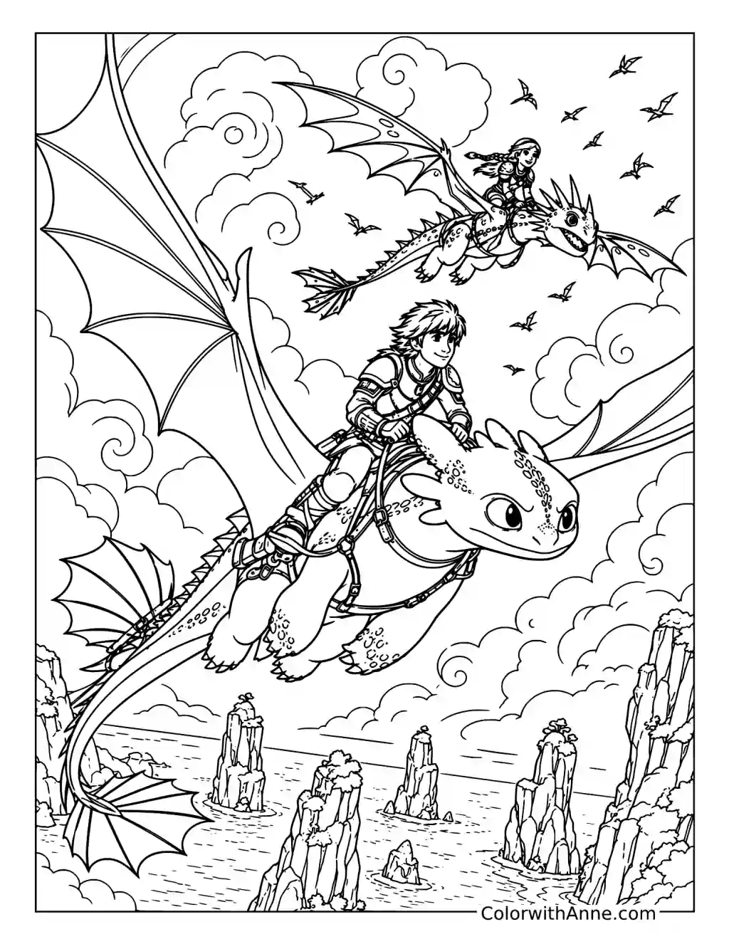 Hiccup and Toothless Soar Above Sea Stacks coloring page