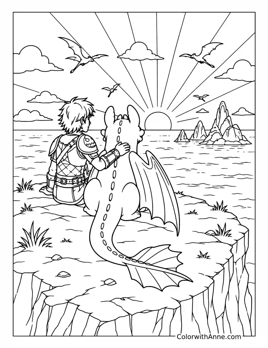 Hiccup and Toothless Watching Sunset coloring page