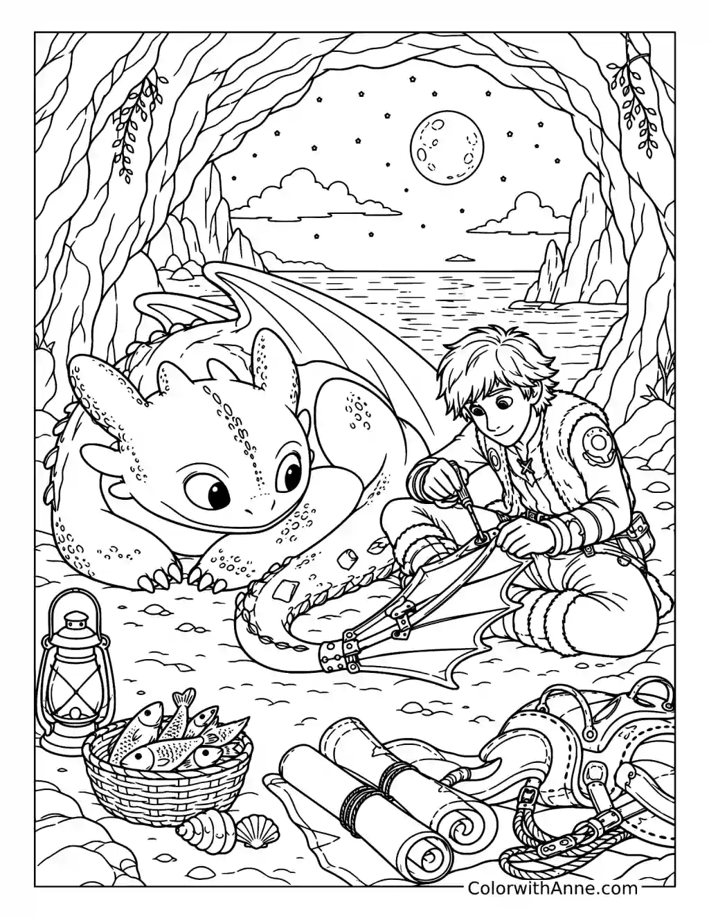 Hiccup Repairs Toothless's Tail coloring page