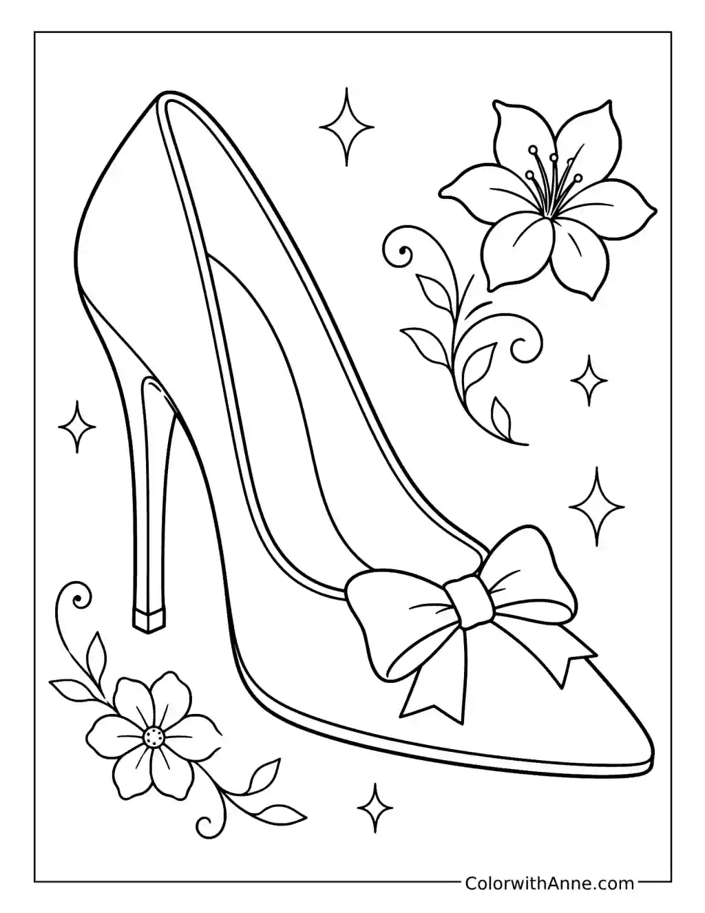 High-Heeled Shoe with a Bow and Flowers coloring page