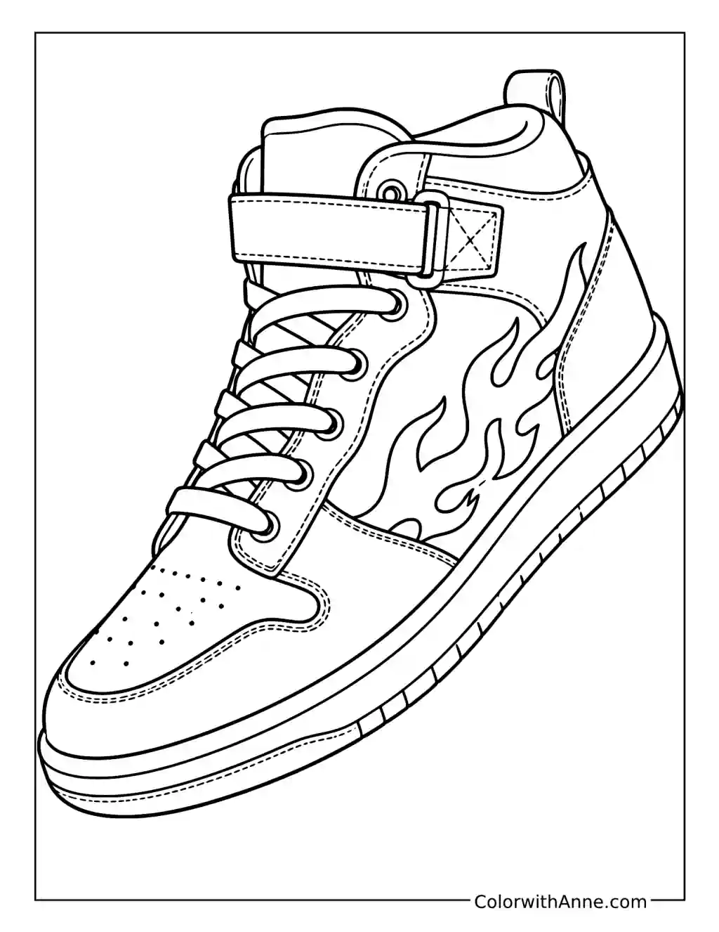 High-Top Sneaker with Flames and an Ankle Strap coloring page