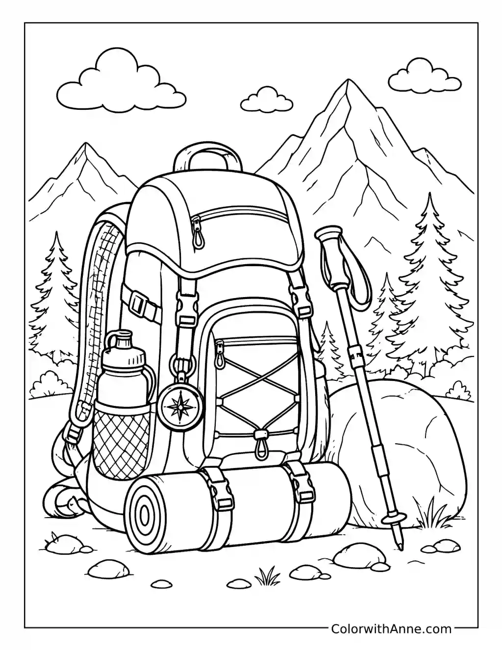 Hiking Backpack in the Mountains coloring page