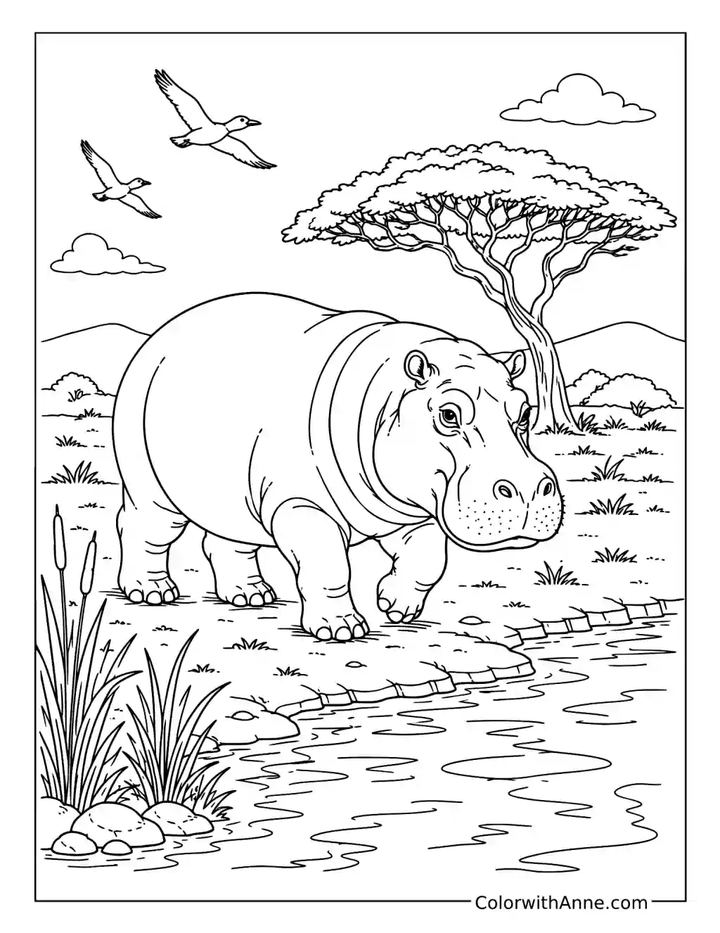 Hippo by the Water coloring page
