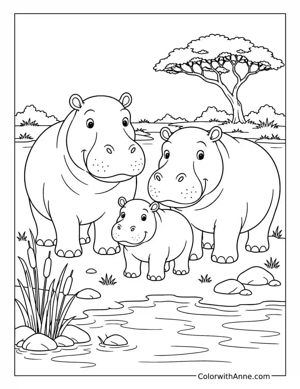 Hippo Family by the River coloring page