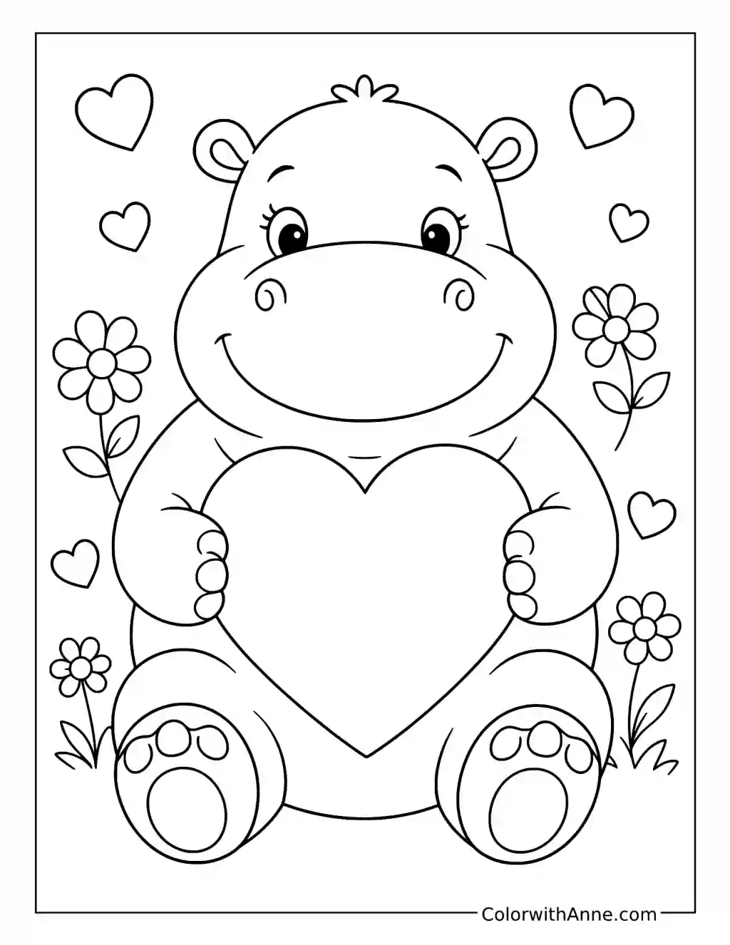Hippo Holding a Heart coloring page