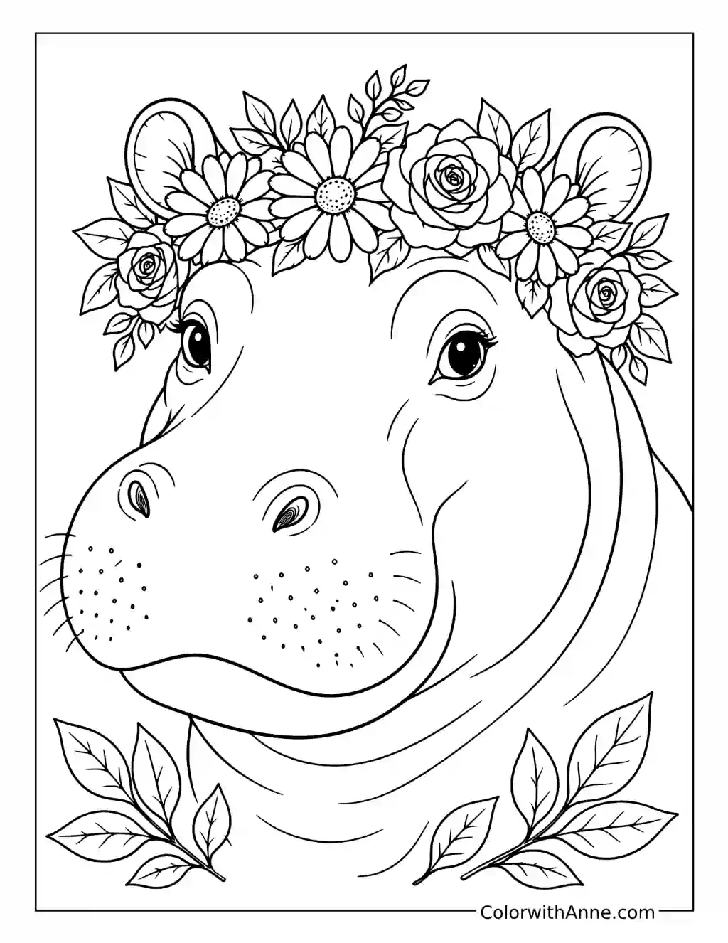 Hippo Portrait with a Floral Crown coloring page