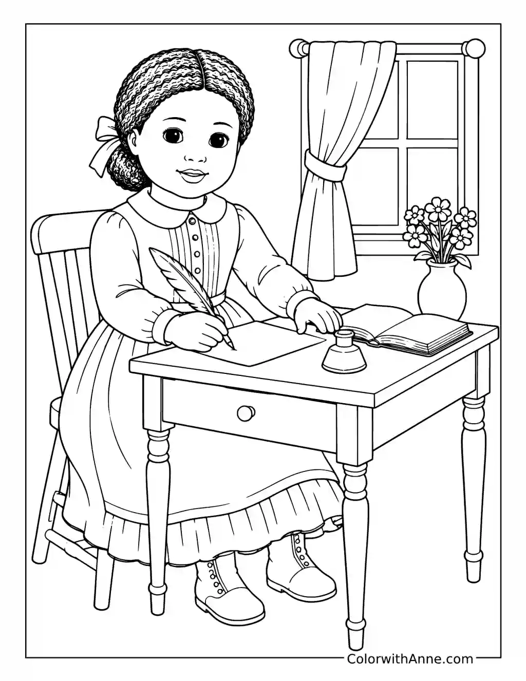 Historical Doll Writing with a Quill coloring page
