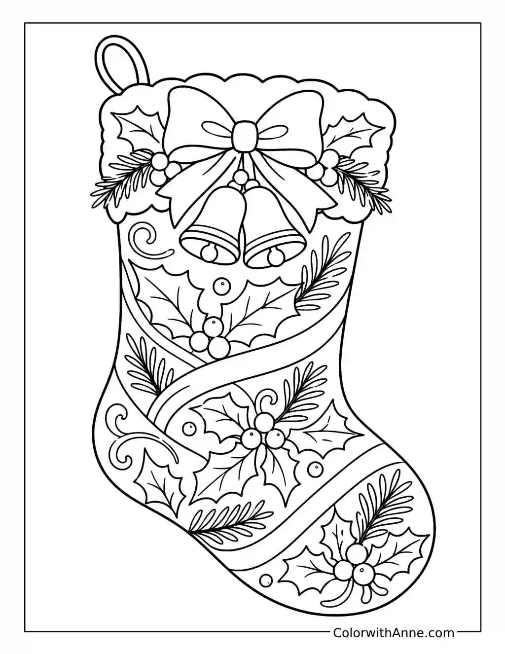 Holly and Bells Christmas Stocking coloring page