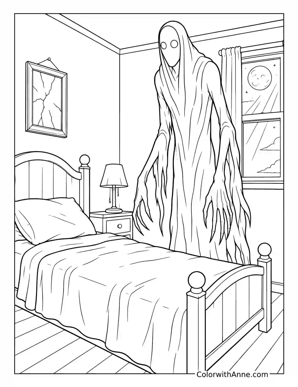 Hooded Ghost beside a Bed coloring page
