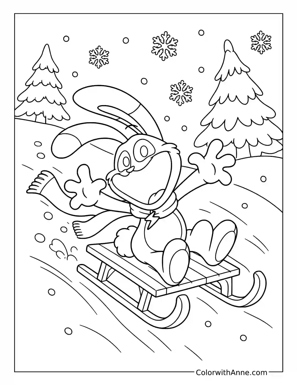 Hoppy Hopscotch Sledding Down a Snowy Hill coloring page