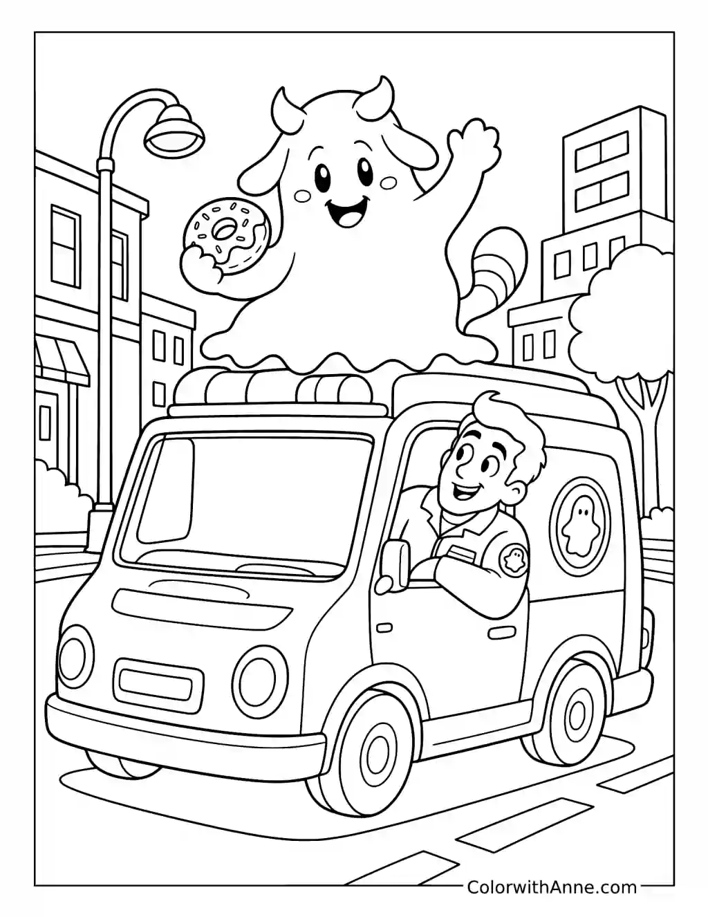 Horned Ghost Eating a Doughnut on a Ghost-Hunting Van coloring page