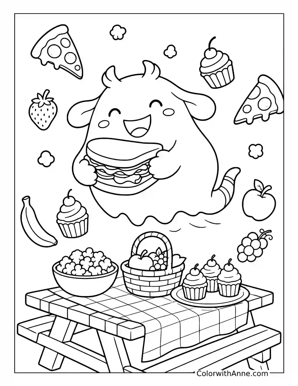 Horned Ghost Eating a Sandwich Above a Picnic Table coloring page