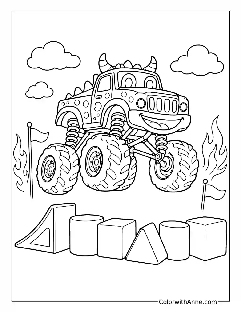 Horned Monster Truck Jumping over Blocks coloring page