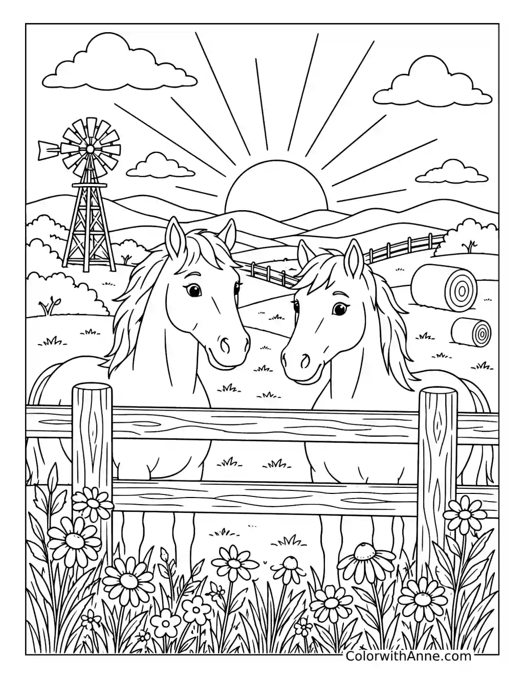 Horse Ranch Sunset coloring page