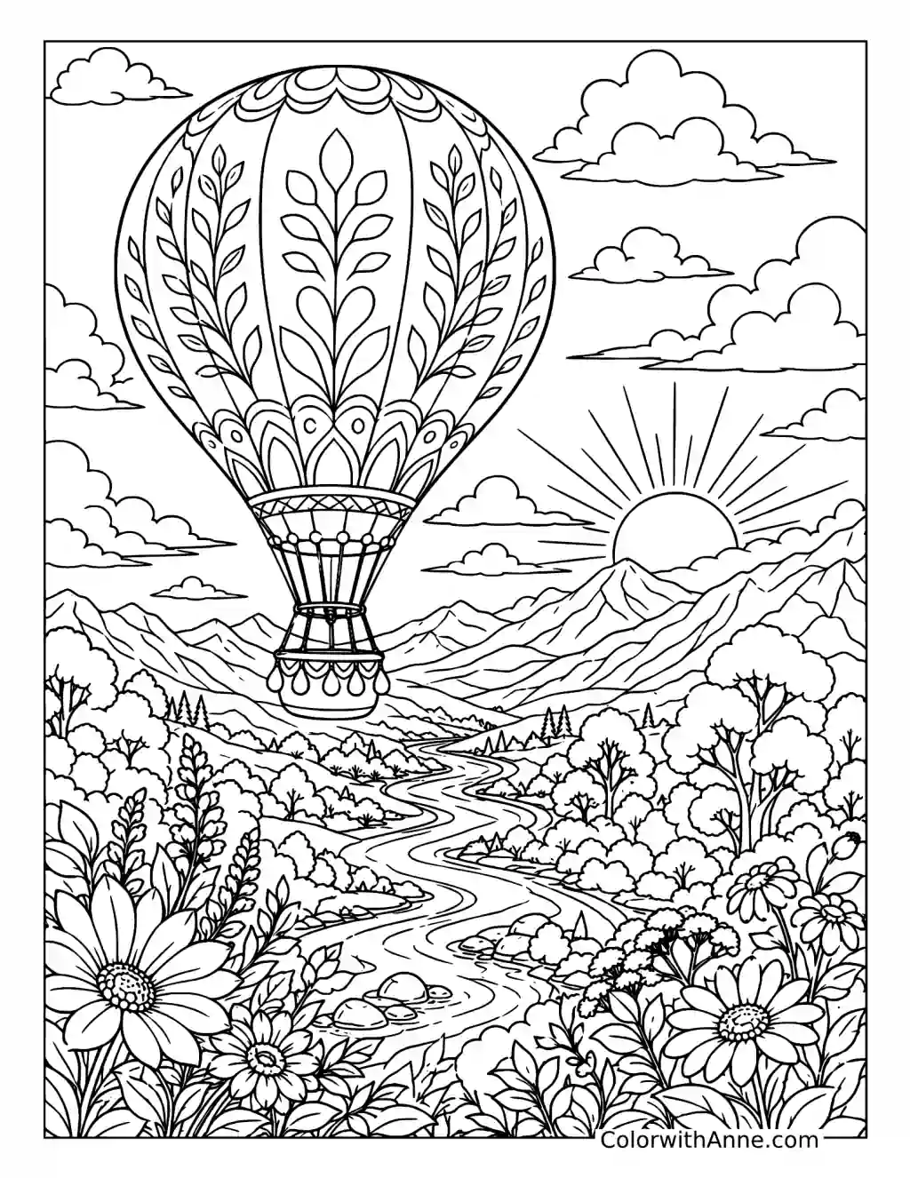 Hot Air Balloon over a Sunrise Valley coloring page