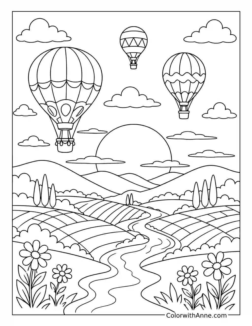 Hot Air Balloons at Sunset coloring page