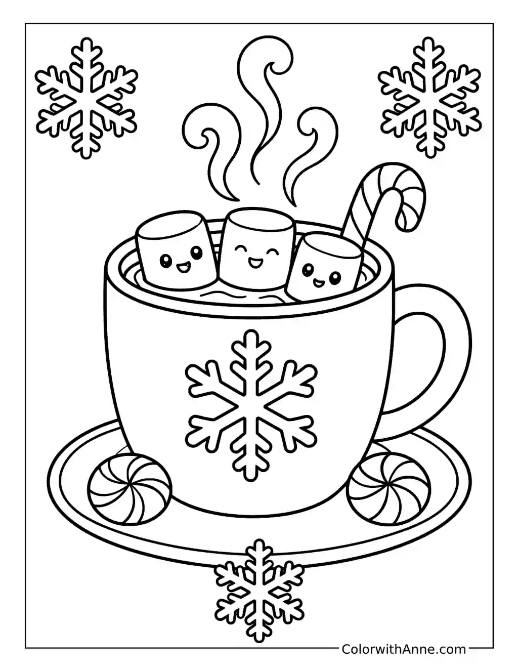 Hot Chocolate with Marshmallows and a Candy Cane coloring page