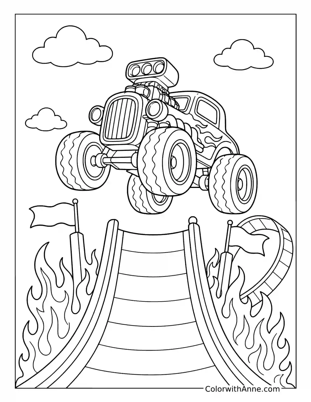 Hot Rod Monster Truck Jumping off a Ramp coloring page