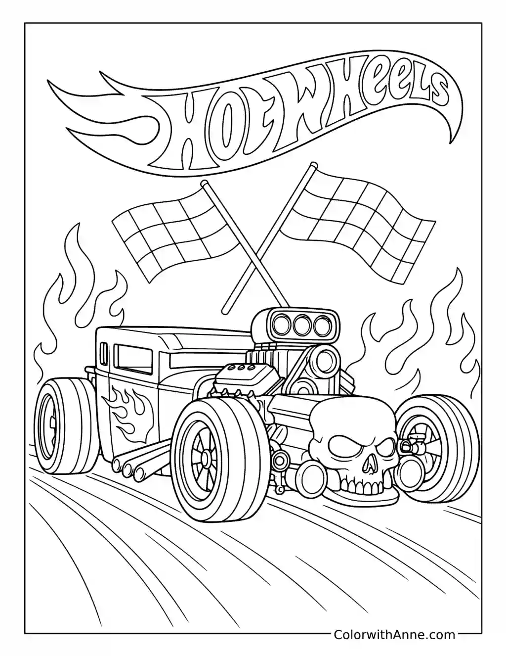 Hot Wheels Bone Shaker beneath Checkered Flags coloring page