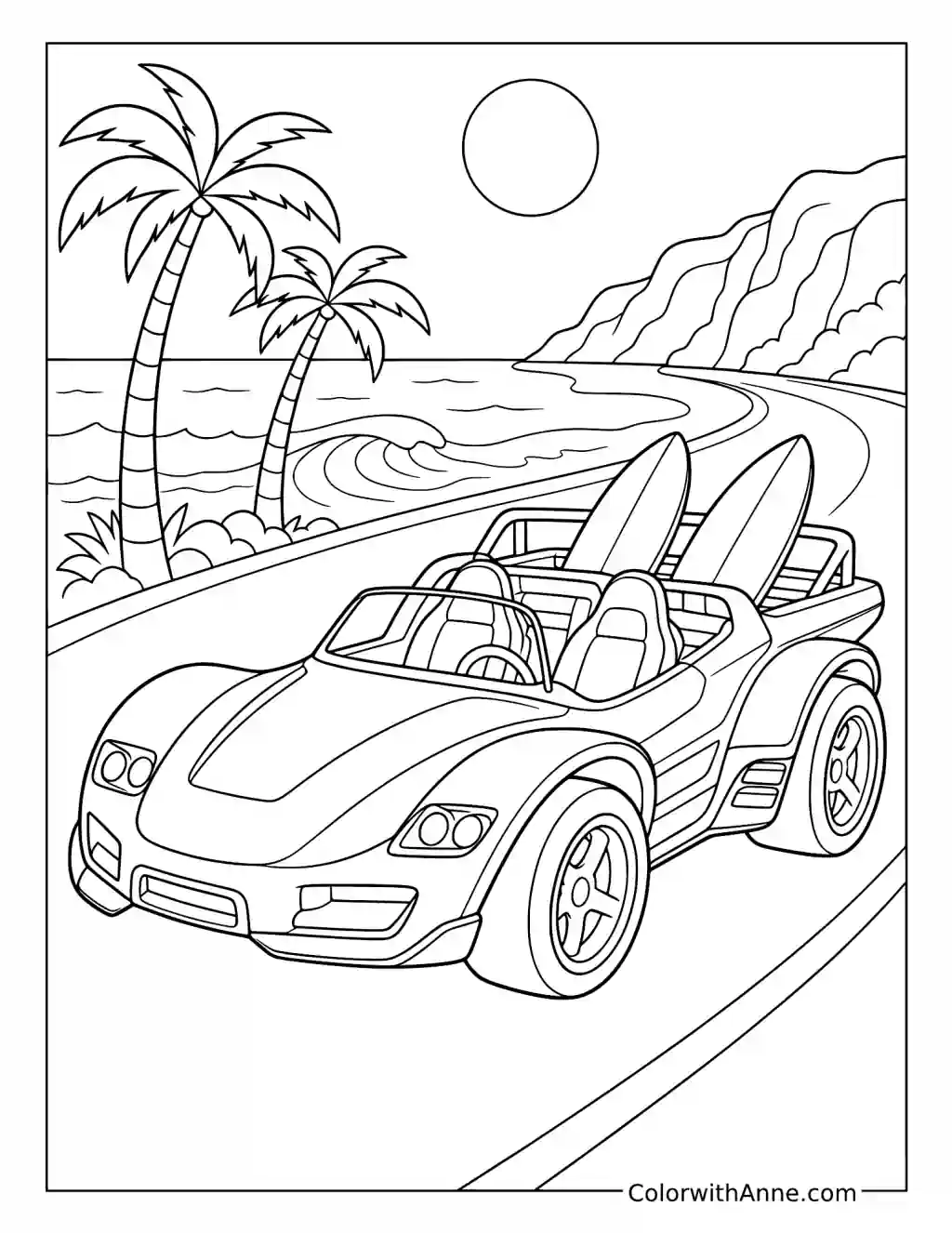 Hot Wheels Convertible Carrying Surfboards on a Coastal Road coloring page